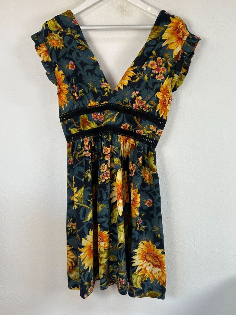 Sandro Paris Women Leonard Floral-Print Silk Summer Mini Dress Size 38 Lace-Trim